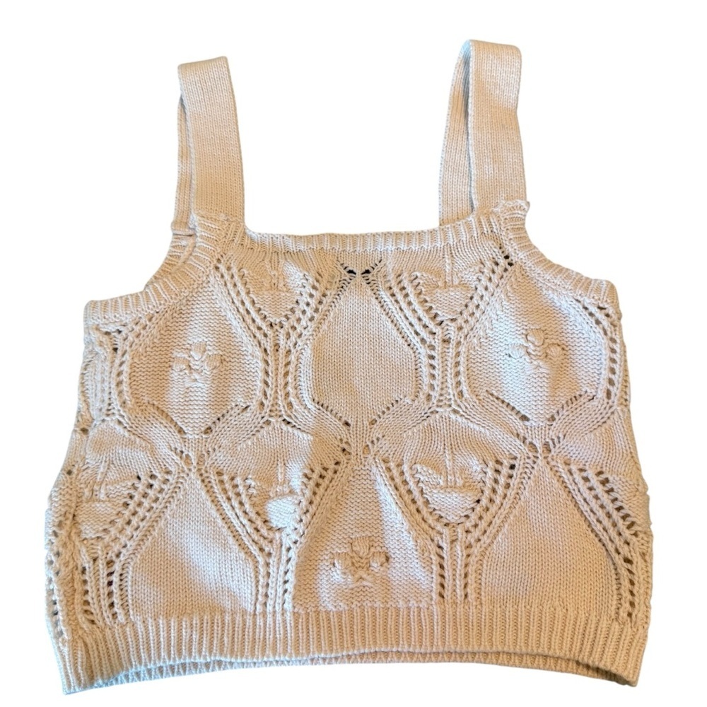 Pink Rose Cream Knit Cropped Tank with Purple Floral Accents - Picture 2 of 6